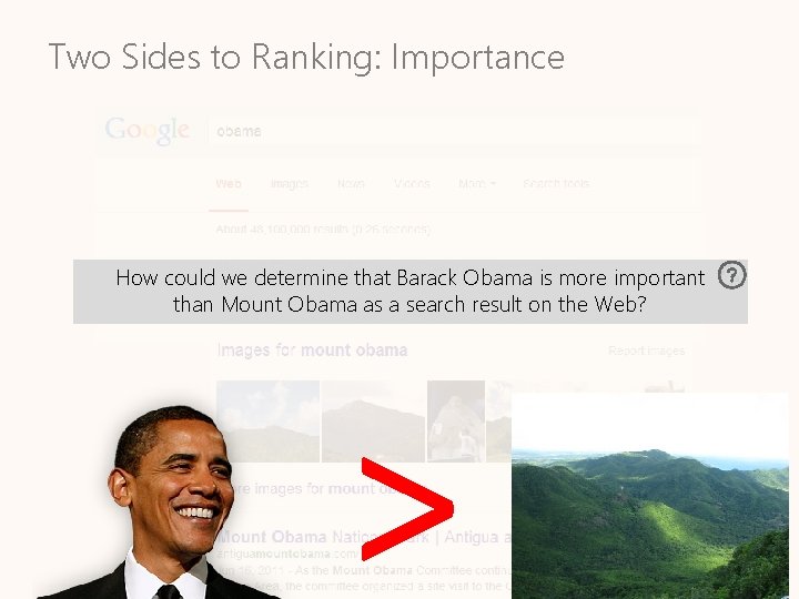 Two Sides to Ranking: Importance How could we determine that Barack Obama is more