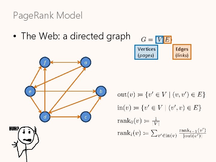 Page. Rank Model • The Web: a directed graph Vertices (pages) f a e