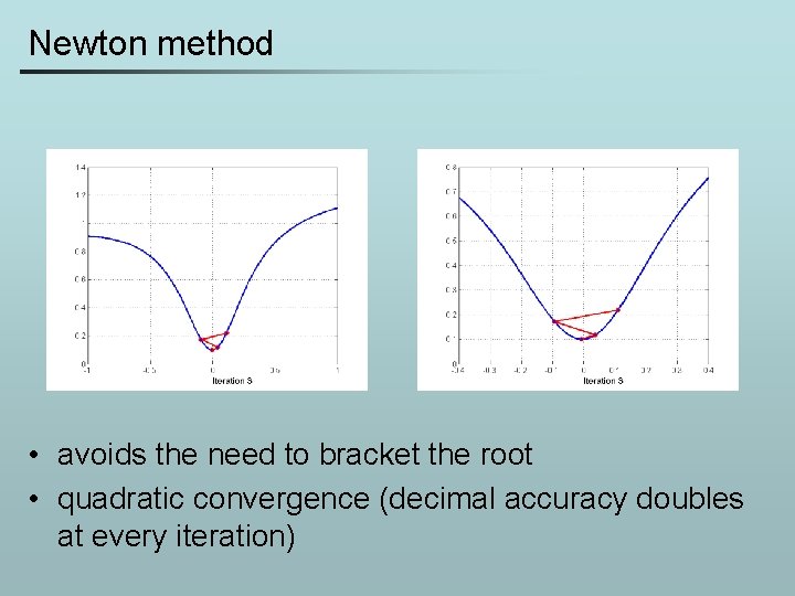 Newton method • avoids the need to bracket the root • quadratic convergence (decimal