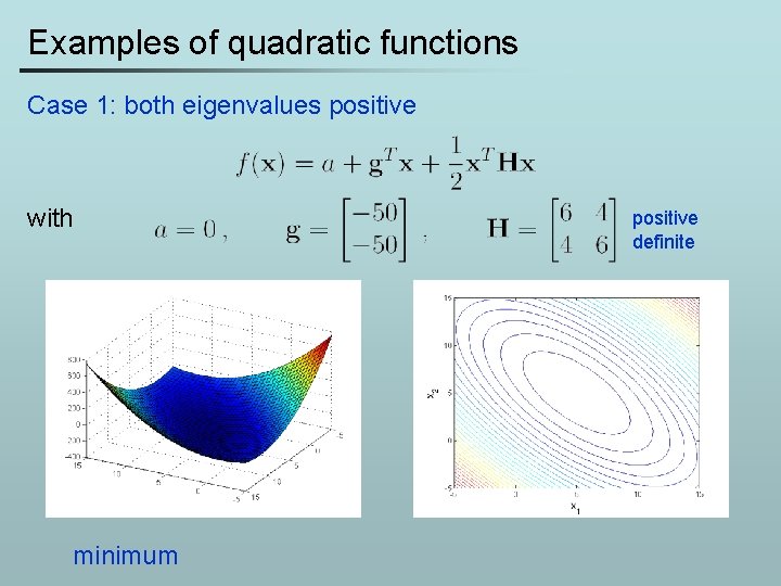 Examples of quadratic functions Case 1: both eigenvalues positive with minimum positive definite 