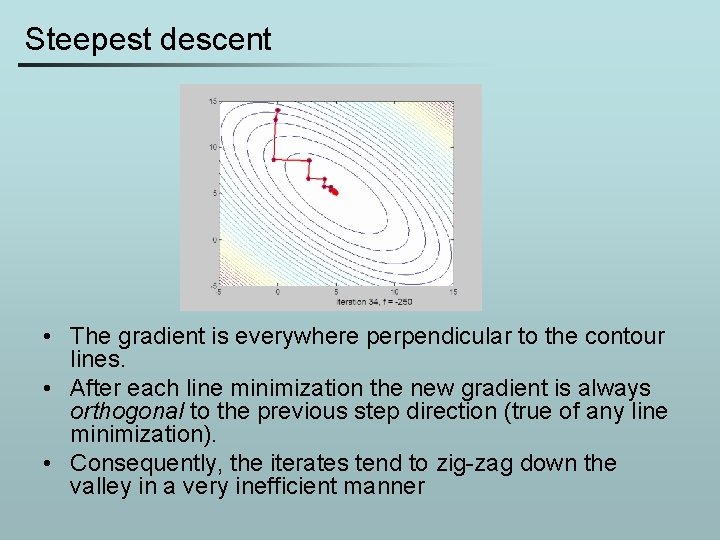 Steepest descent • The gradient is everywhere perpendicular to the contour lines. • After