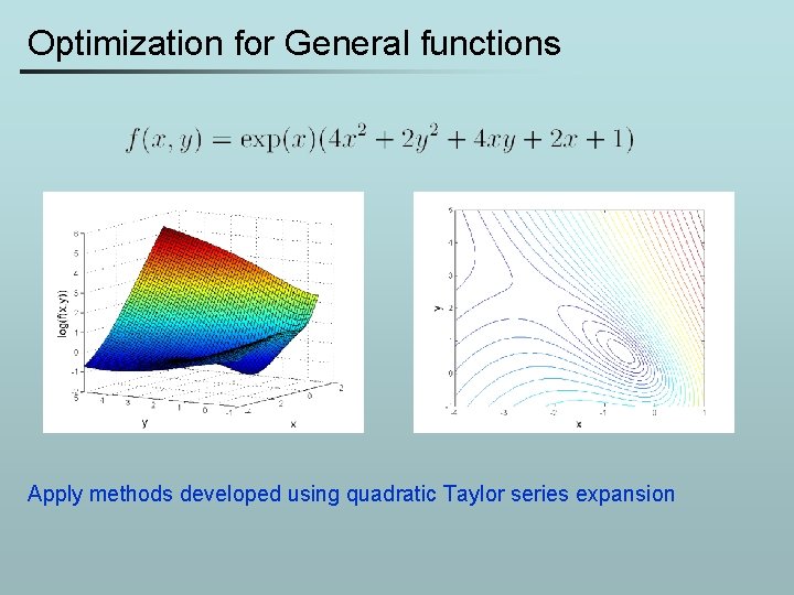 Optimization for General functions Apply methods developed using quadratic Taylor series expansion 