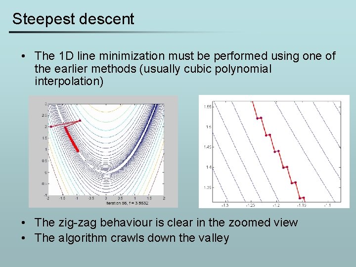 Steepest descent • The 1 D line minimization must be performed using one of