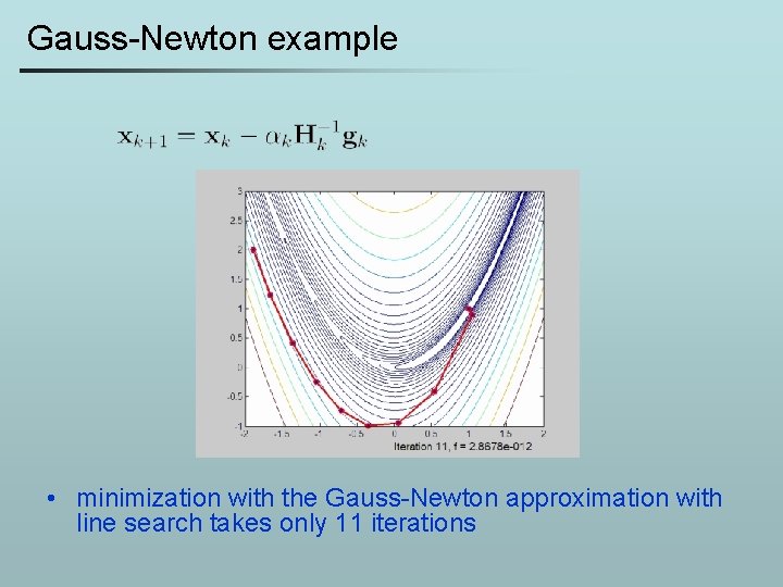 Gauss-Newton example • minimization with the Gauss-Newton approximation with line search takes only 11