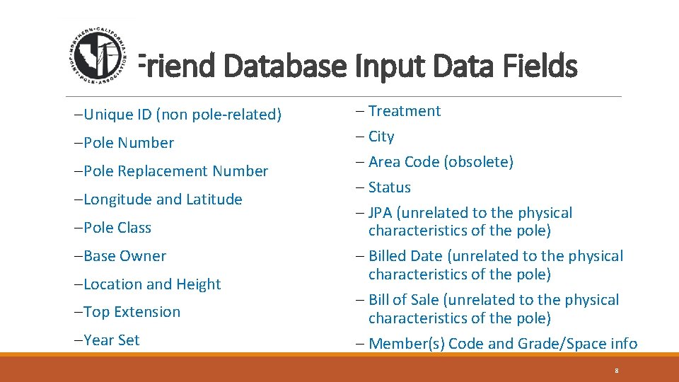 Friend Database Input Data Fields Unique ID (non pole-related) Pole Number Pole Replacement Number Friend Database Input Data Fields Unique ID (non pole-related) Pole Number Pole Replacement Number