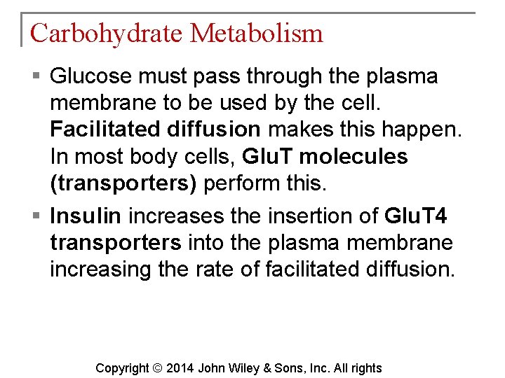 Carbohydrate Metabolism § Glucose must pass through the plasma membrane to be used by