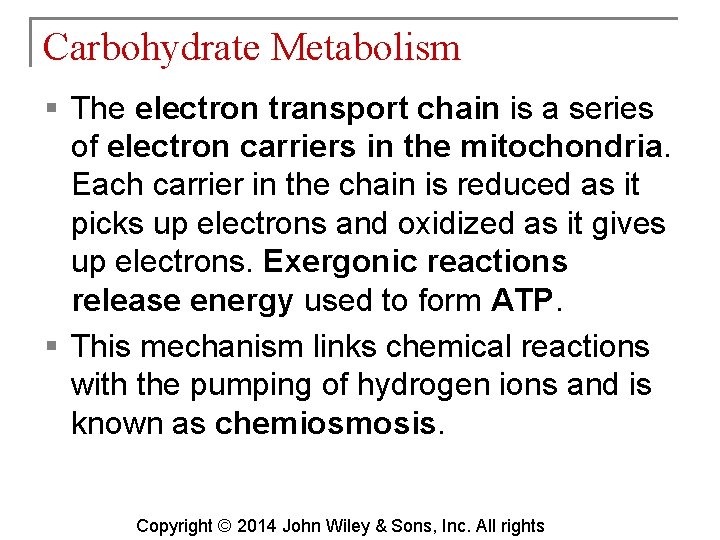 Carbohydrate Metabolism § The electron transport chain is a series of electron carriers in