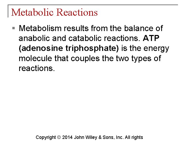 Metabolic Reactions § Metabolism results from the balance of anabolic and catabolic reactions. ATP