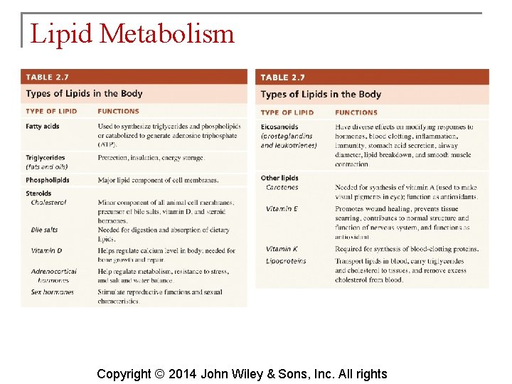 Lipid Metabolism Copyright © 2014 John Wiley & Sons, Inc. All rights 