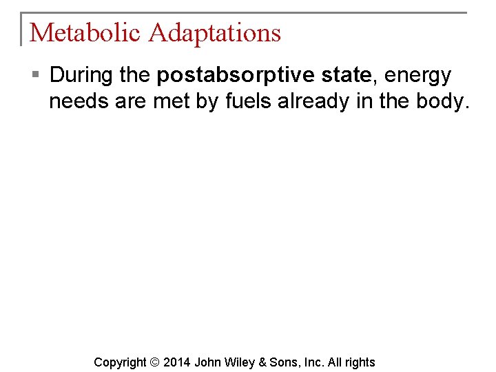 Metabolic Adaptations § During the postabsorptive state, energy needs are met by fuels already