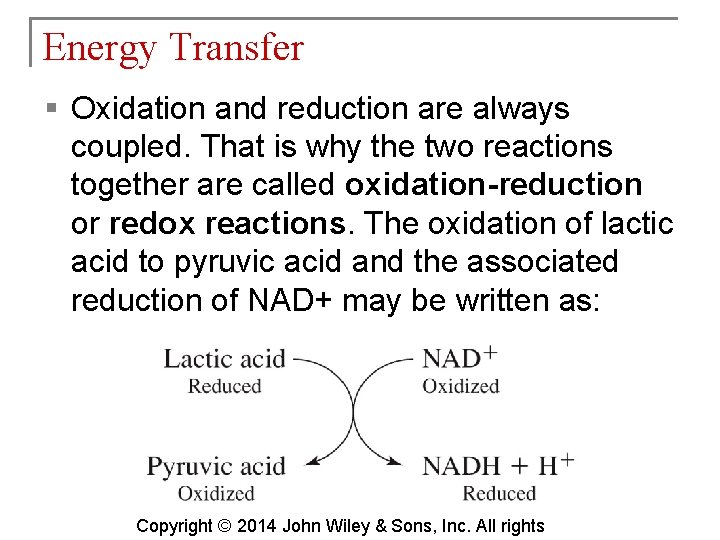 Energy Transfer § Oxidation and reduction are always coupled. That is why the two