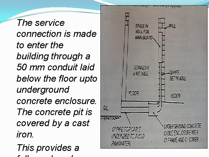The service connection is made to enter the building through a 50 mm conduit