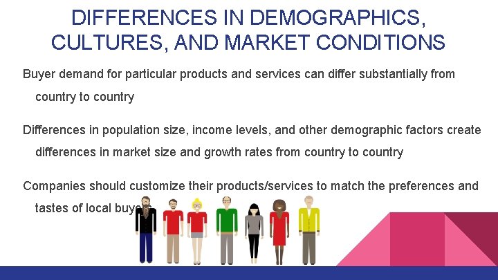 DIFFERENCES IN DEMOGRAPHICS, CULTURES, AND MARKET CONDITIONS Buyer demand for particular products and services