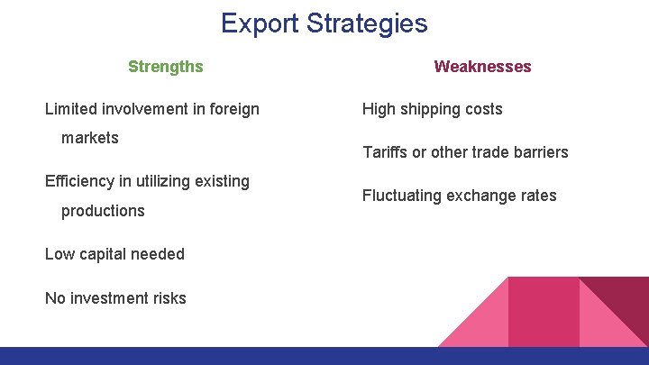 Export Strategies Strengths Limited involvement in foreign markets Efficiency in utilizing existing productions Low