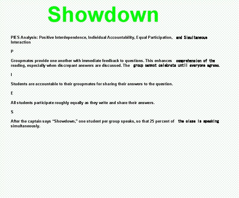 Showdown PIES Analysis: Positive Interdependence, Individual Accountability, Equal Participation,  and Simultaneous Interaction P Groupmates