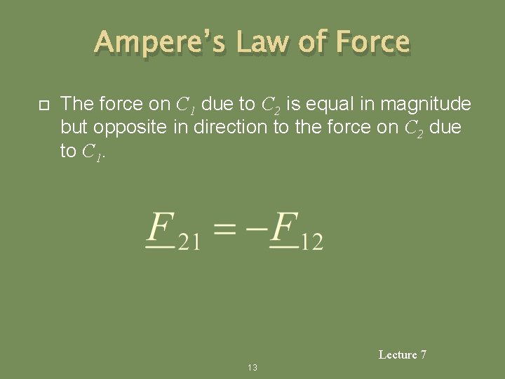 Ampere’s Law of Force The force on C 1 due to C 2 is