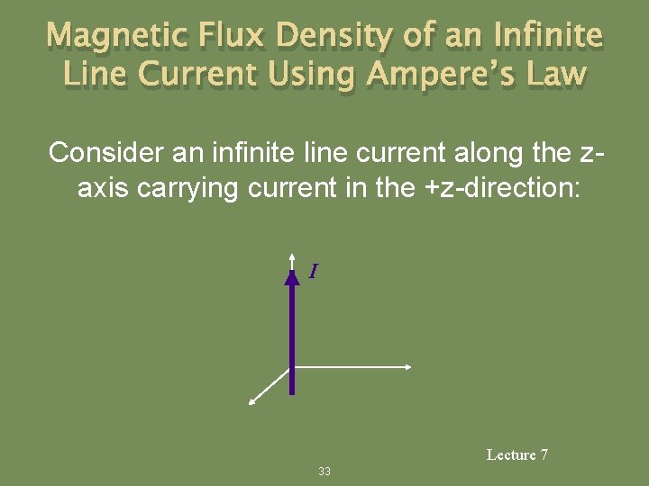 Magnetic Flux Density of an Infinite Line Current Using Ampere’s Law Consider an infinite