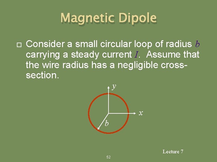 Magnetic Dipole Consider a small circular loop of radius b carrying a steady current