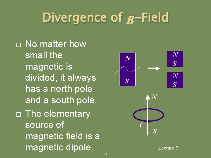 Divergence of B-Field No matter how small the magnetic is divided, it always has