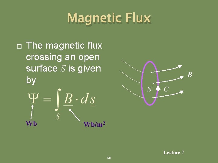 Magnetic Flux The magnetic flux crossing an open surface S is given by Wb