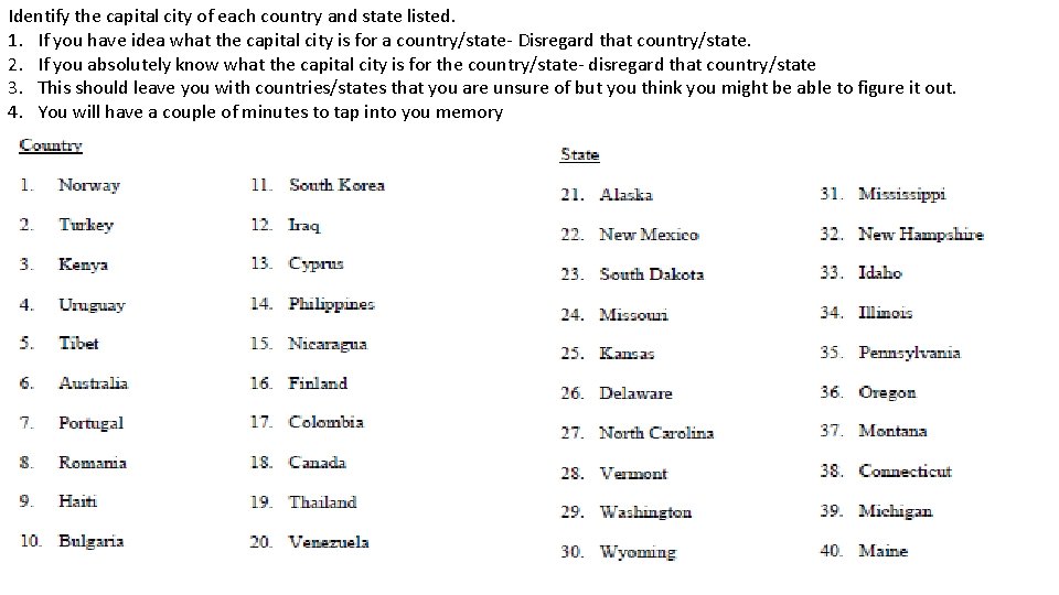 Identify the capital city of each country and state listed. 1. If you have