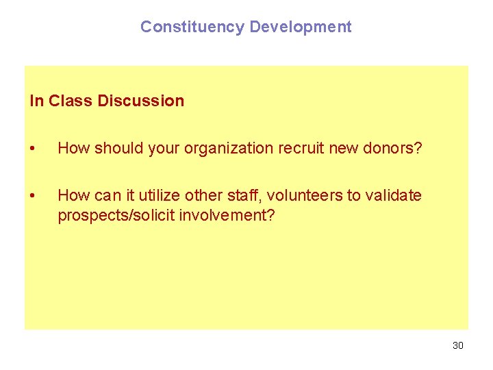 Constituency Development In Class Discussion • How should your organization recruit new donors? •