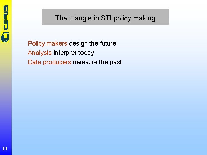 The triangle in STI policy making Policy makers design the future Analysts interpret today