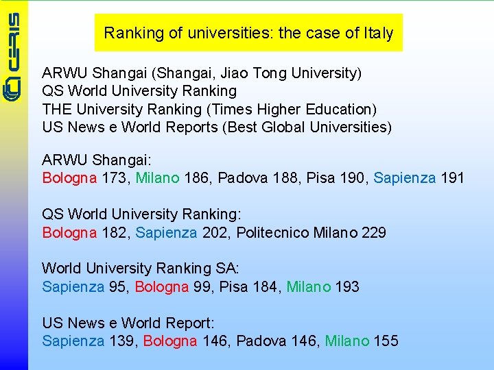 Ranking of universities: the case of Italy ARWU Shangai (Shangai, Jiao Tong University) QS