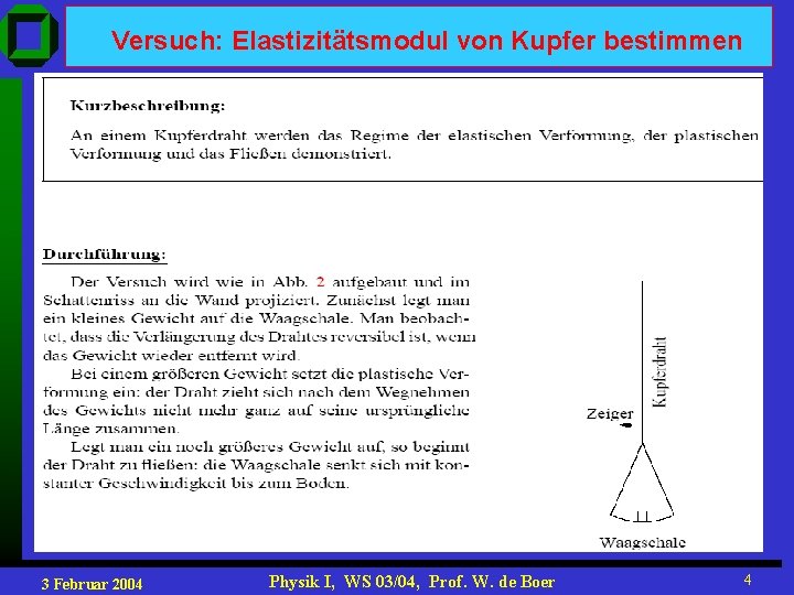 Versuch: Elastizitätsmodul von Kupfer bestimmen 3 Februar 2004 Physik I, WS 03/04, Prof. W.