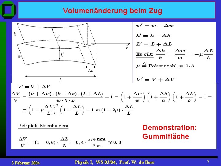 Volumenänderung beim Zug Demonstration: Gummifläche 3 Februar 2004 Physik I, WS 03/04, Prof. W.