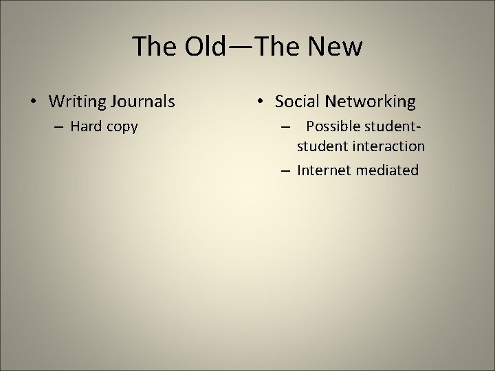 The Old—The New • Writing Journals – Hard copy • Social Networking – Possible