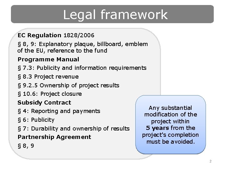 Legal framework EC Regulation 1828/2006 § 8, 9: Explanatory plaque, billboard, emblem of the