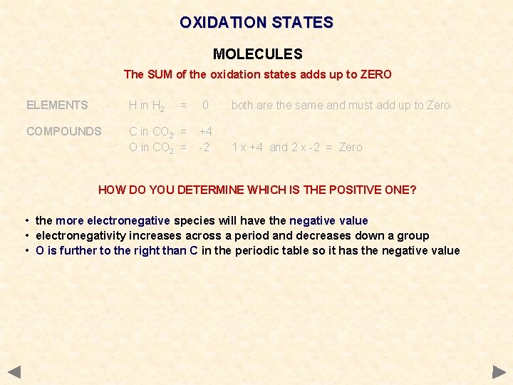 OXIDATION STATES MOLECULES The SUM of the oxidation states adds up to ZERO ELEMENTS