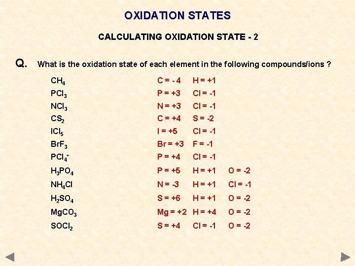 OXIDATION STATES CALCULATING OXIDATION STATE - 2 Q. What is the oxidation state of