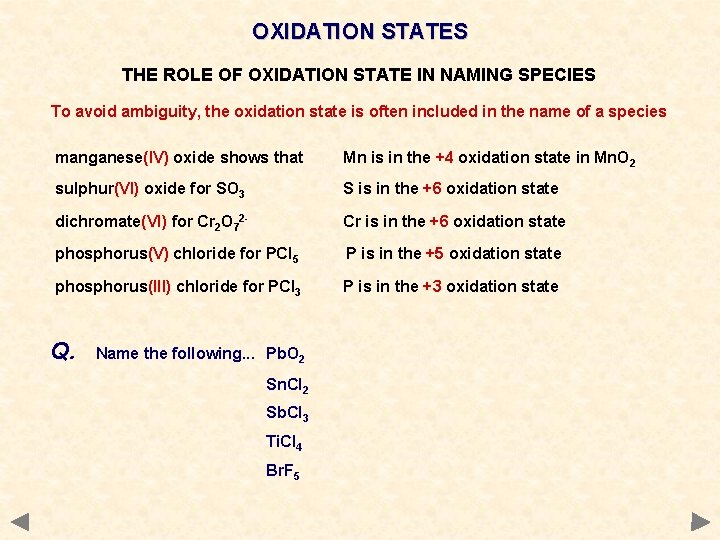 OXIDATION STATES THE ROLE OF OXIDATION STATE IN NAMING SPECIES To avoid ambiguity, the