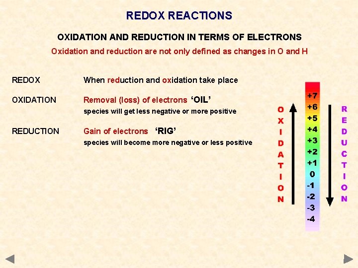 REDOX REACTIONS OXIDATION AND REDUCTION IN TERMS OF ELECTRONS Oxidation and reduction are not