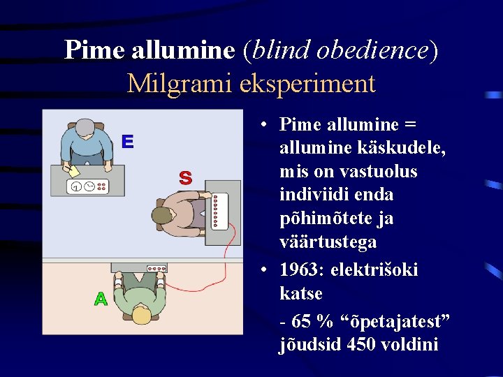 Pime allumine (blind obedience) Milgrami eksperiment • Pime allumine = allumine käskudele, mis on