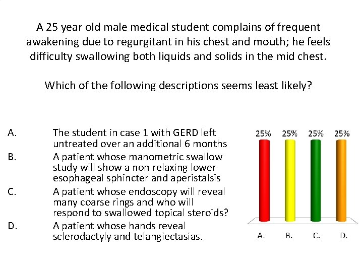 A 25 year old male medical student complains of frequent awakening due to regurgitant