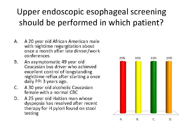 Upper endoscopic esophageal screening should be performed in which patient? A. B. C. D.