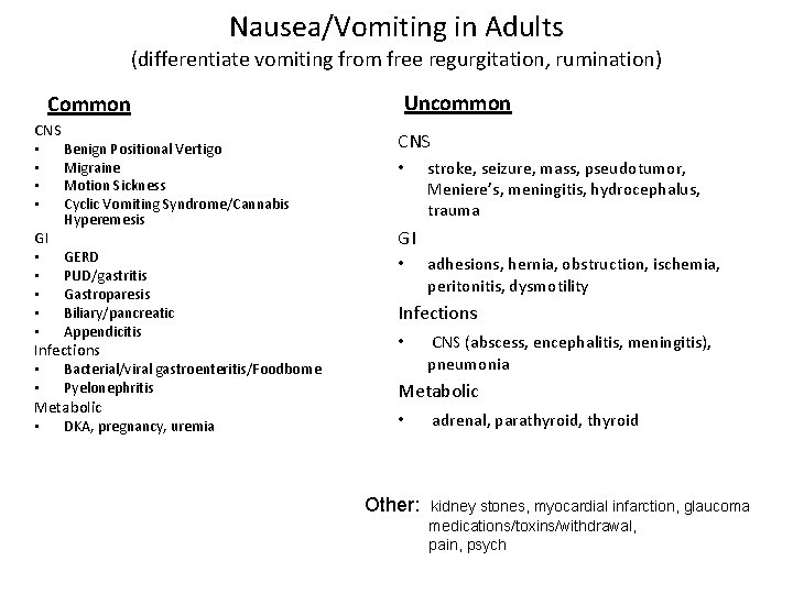 Nausea/Vomiting in Adults (differentiate vomiting from free regurgitation, rumination) Uncommon CNS • Benign Positional