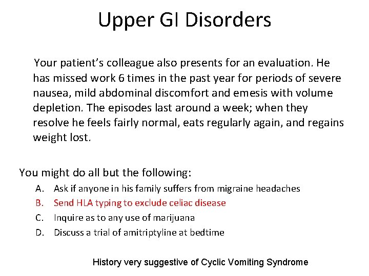 Upper GI Disorders Your patient’s colleague also presents for an evaluation. He has missed