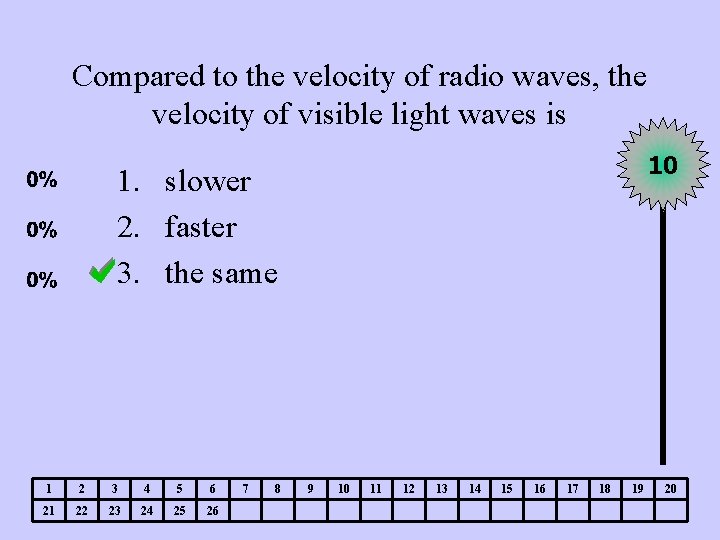 Compared to the velocity of radio waves, the velocity of visible light waves is
