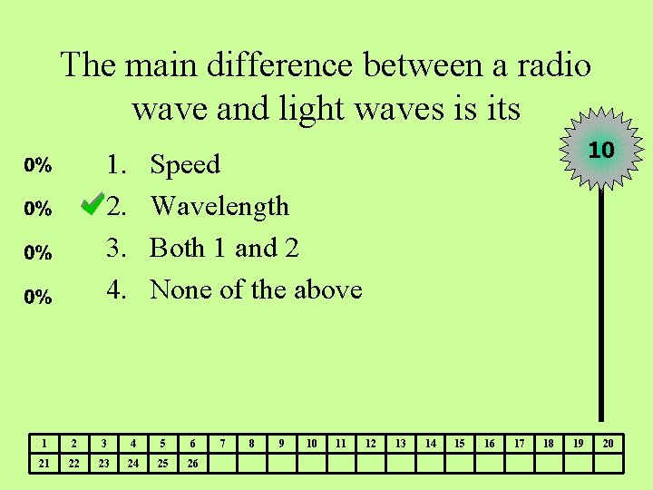 The main difference between a radio wave and light waves is its 1. 2.