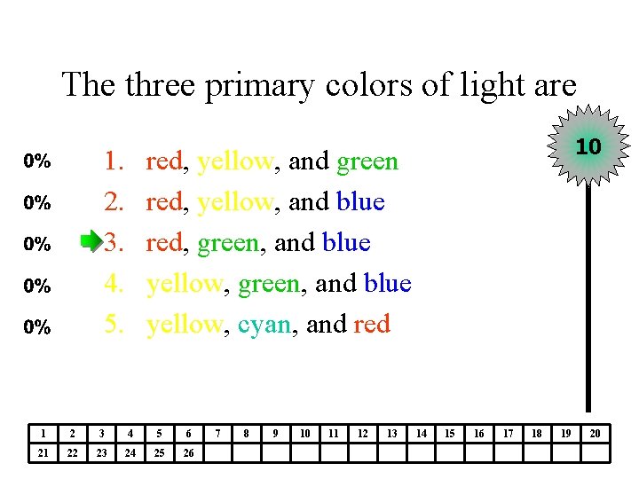 The three primary colors of light are 1. 2. 3. 4. 5. 10 red,