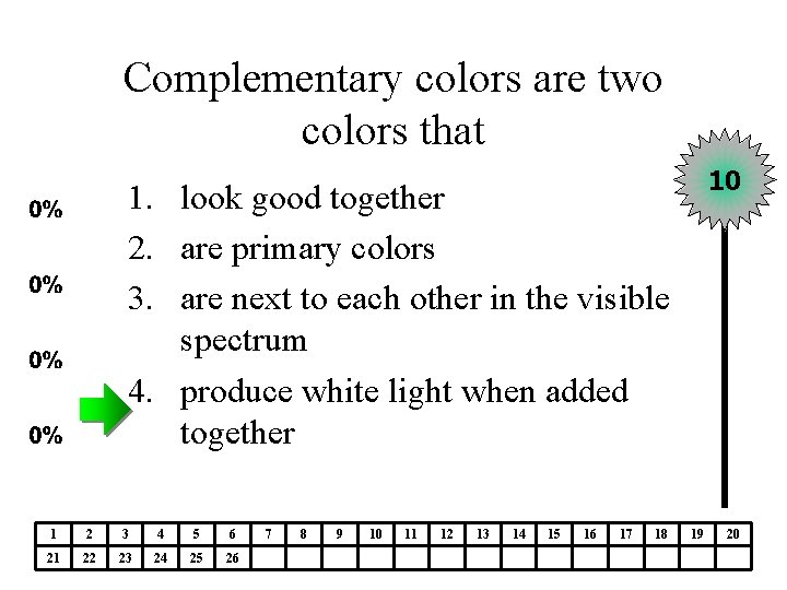 Complementary colors are two colors that 10 1. look good together 2. are primary