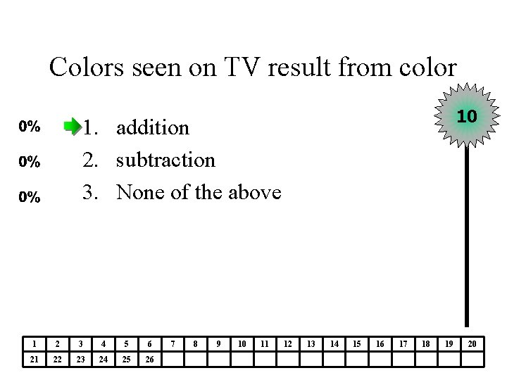 Colors seen on TV result from color 10 1. addition 2. subtraction 3. None