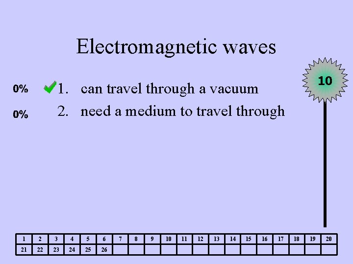 Electromagnetic waves 10 1. can travel through a vacuum 2. need a medium to