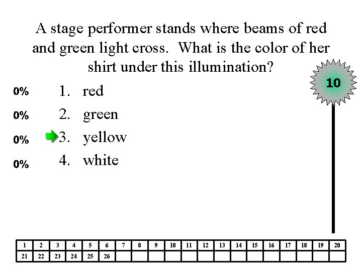 A stage performer stands where beams of red and green light cross. What is