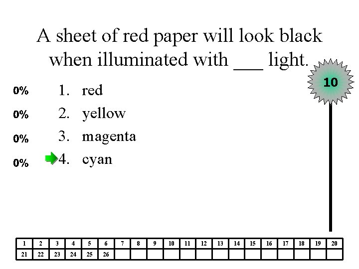 A sheet of red paper will look black when illuminated with ___ light. 1.