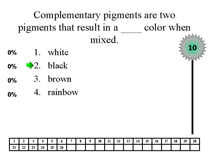 Complementary pigments are two pigments that result in a ____ color when mixed. 1.